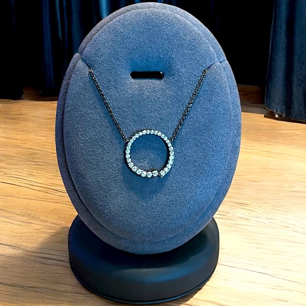 Nadri Sparkling CZ Circle Pendant Necklace Gunmetal Chain 20” NWT